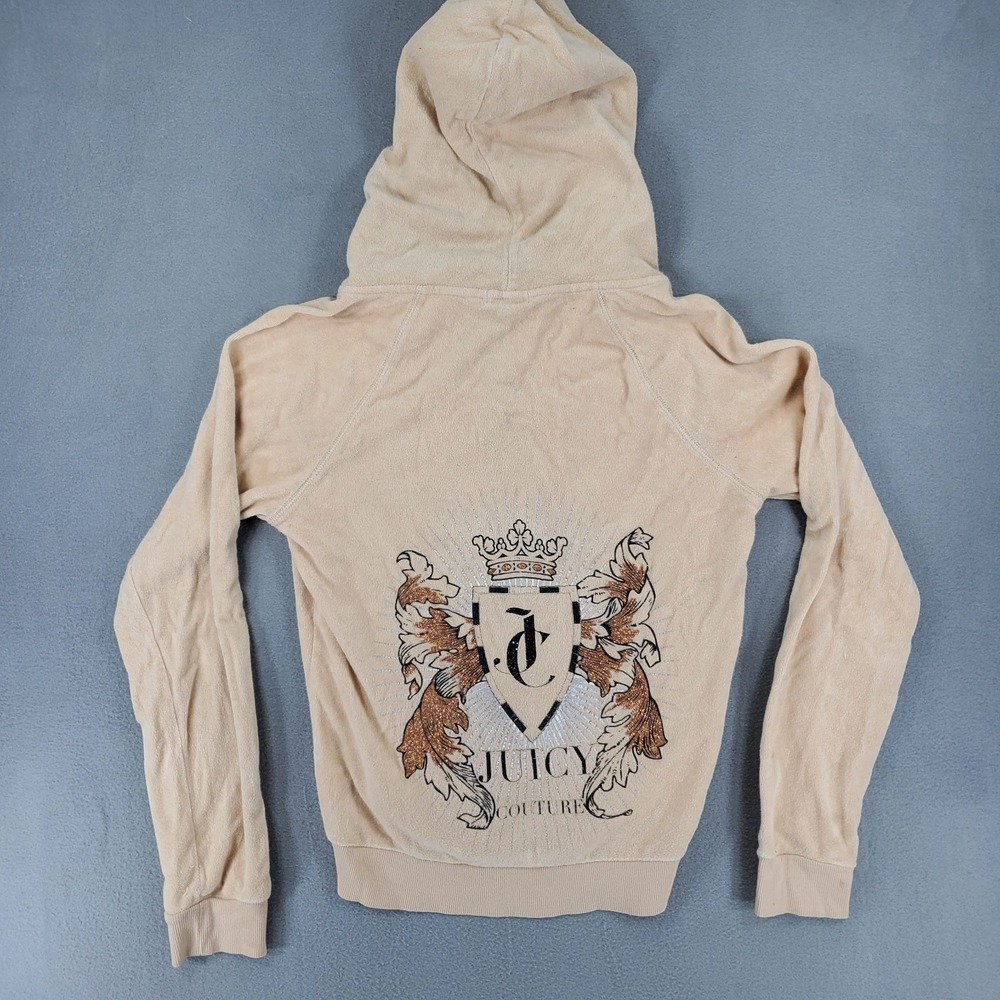 FLAW* Juicy Couture Womens Full Zip Hoodie Jacket M Beige Pockets 90s Crown Logo